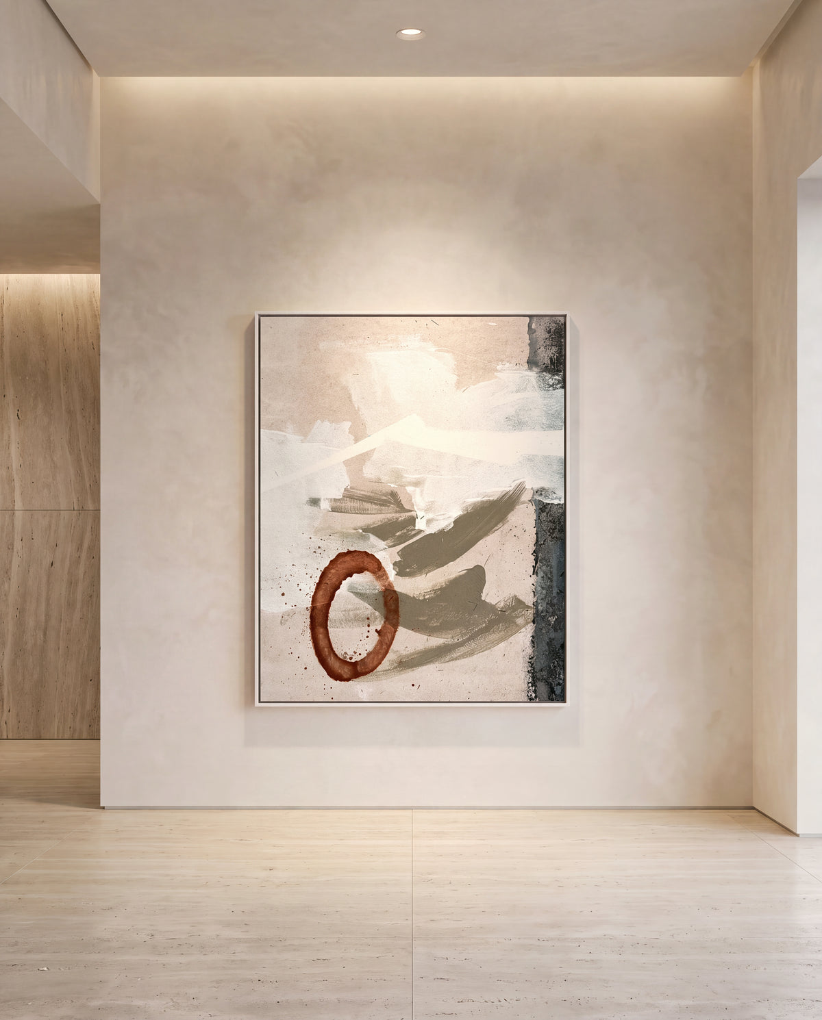 Rossa canvas artwork in a white frame on a plaster wall