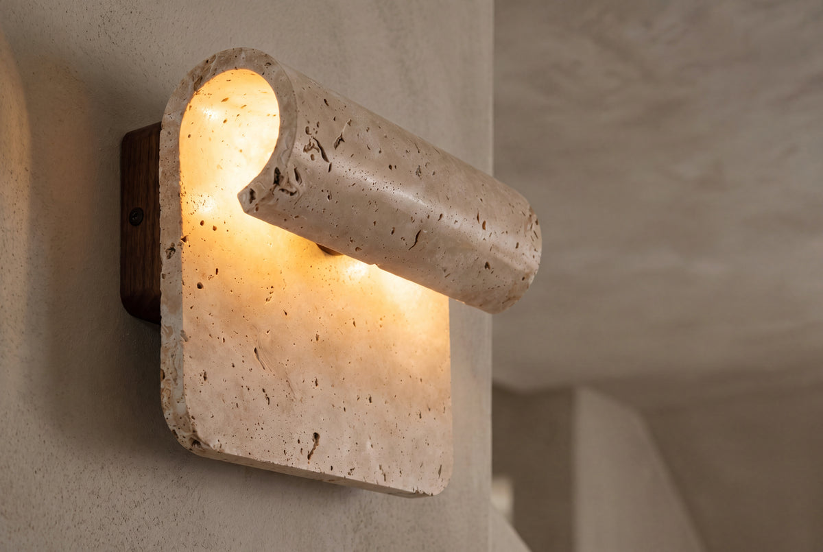 The Rotolo Travertine Wall Light, lifestyle close-up