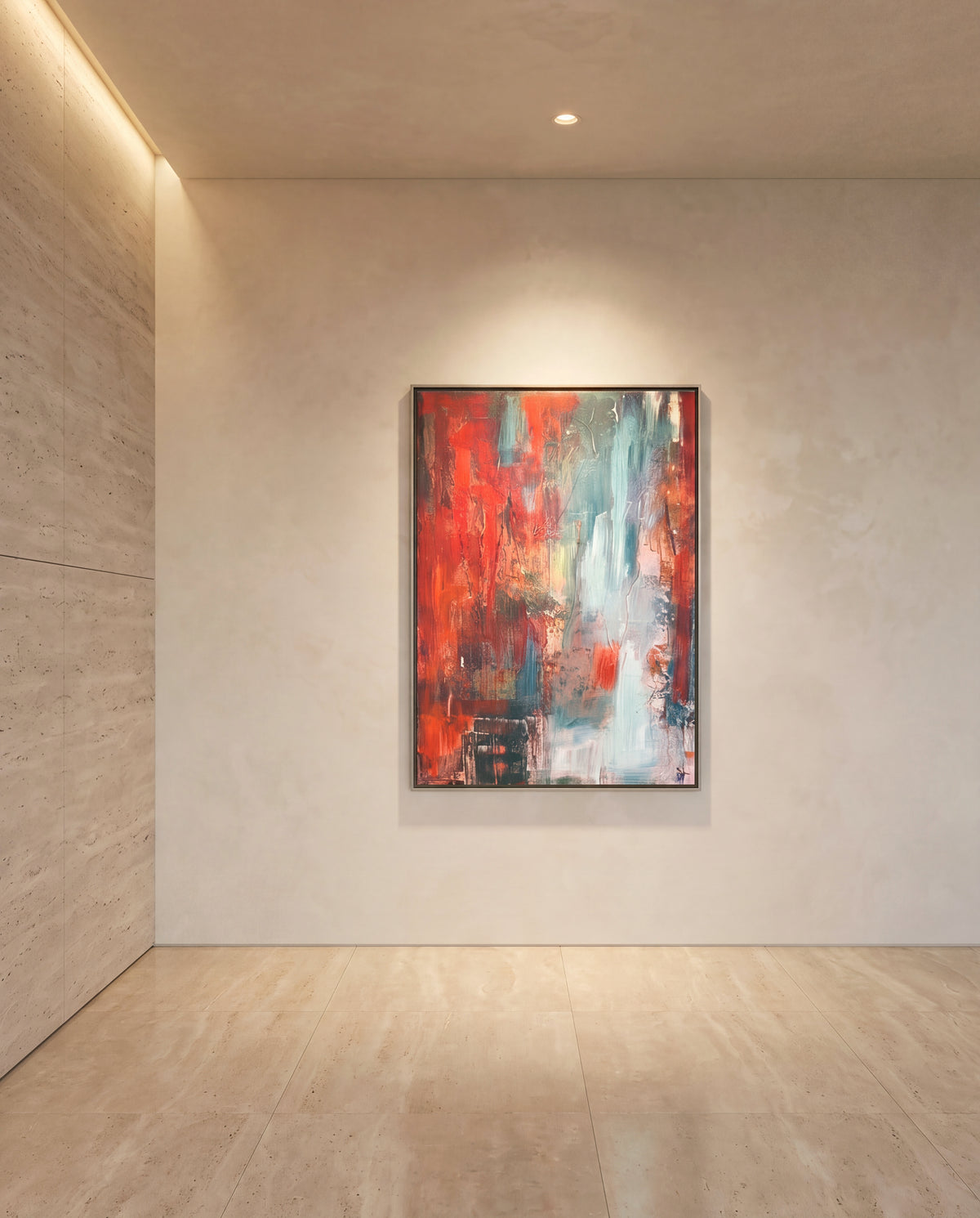 Rovella 1 canvas artwork in a silver frame on a plaster wall