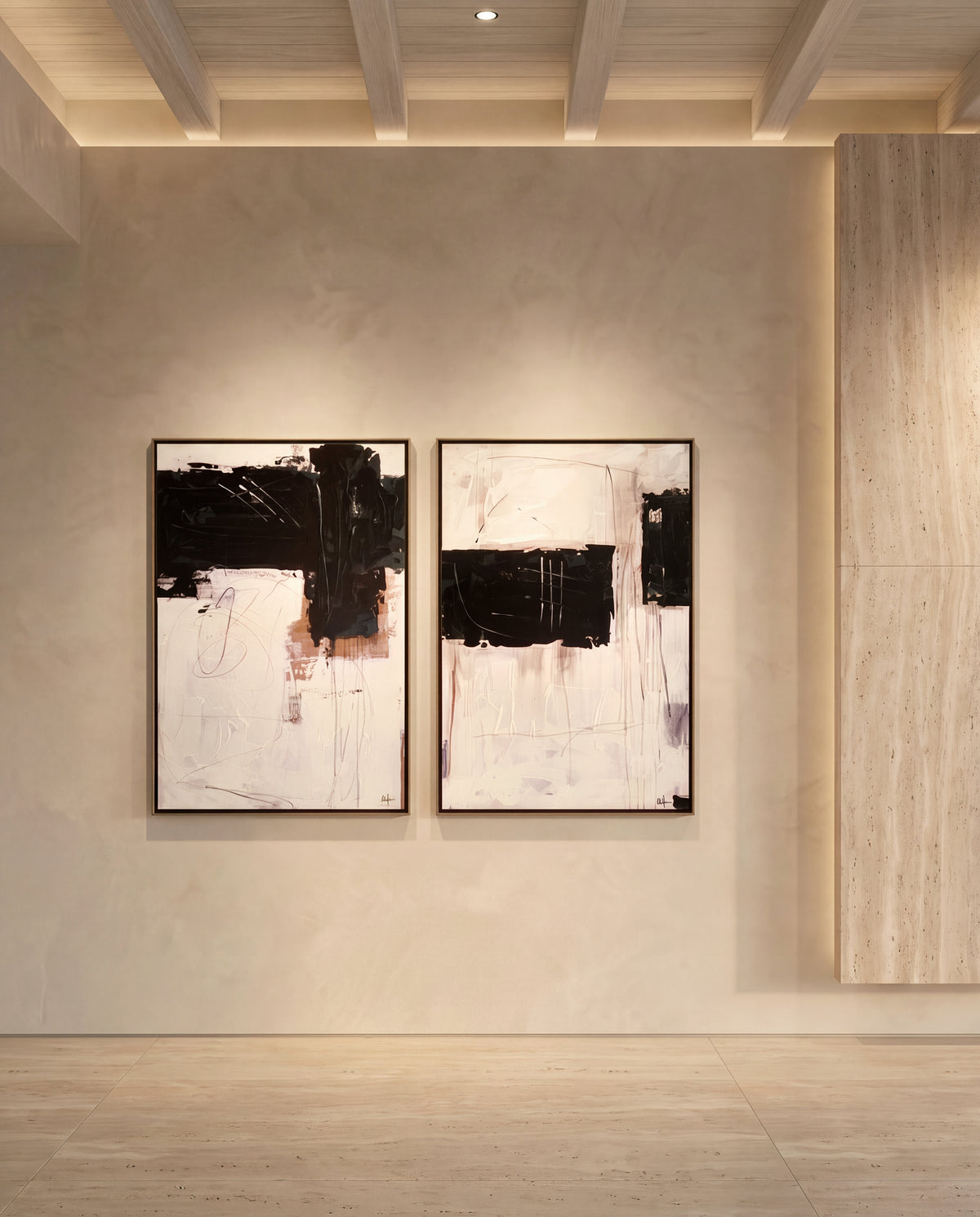 Sartoria 1 & 2 canvas artworks in gold frames on a plaster wall