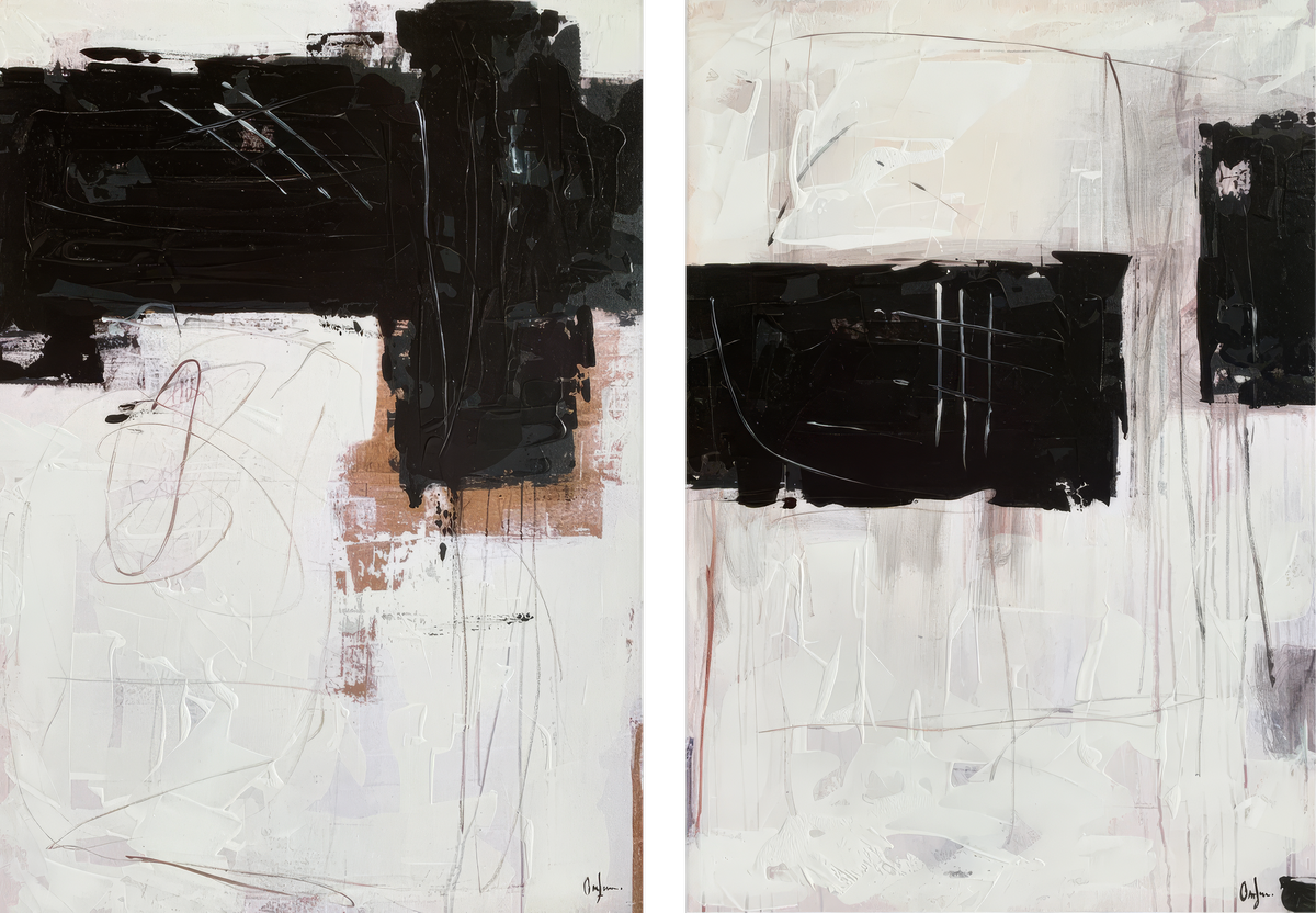 Sartoria 1 & 2 Canvas Artwork in black, soft neutrals and sienna, full view of the original artwork