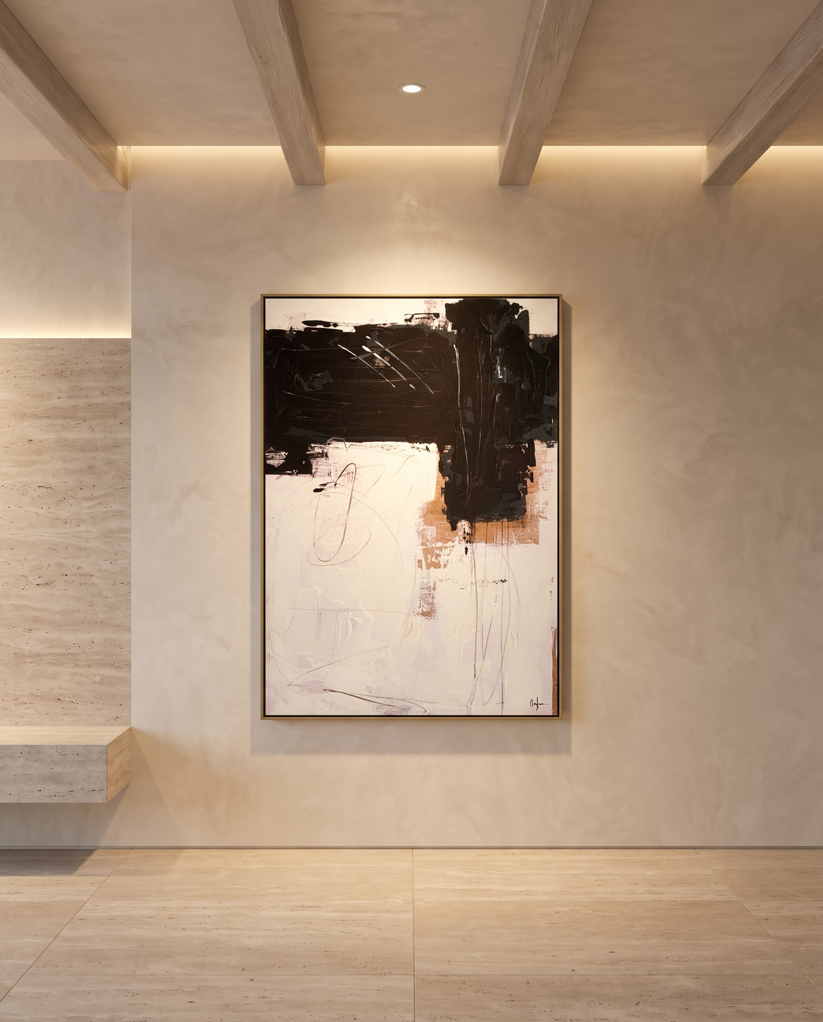 Sartoria 1 canvas artwork in a gold frame on a plaster wall