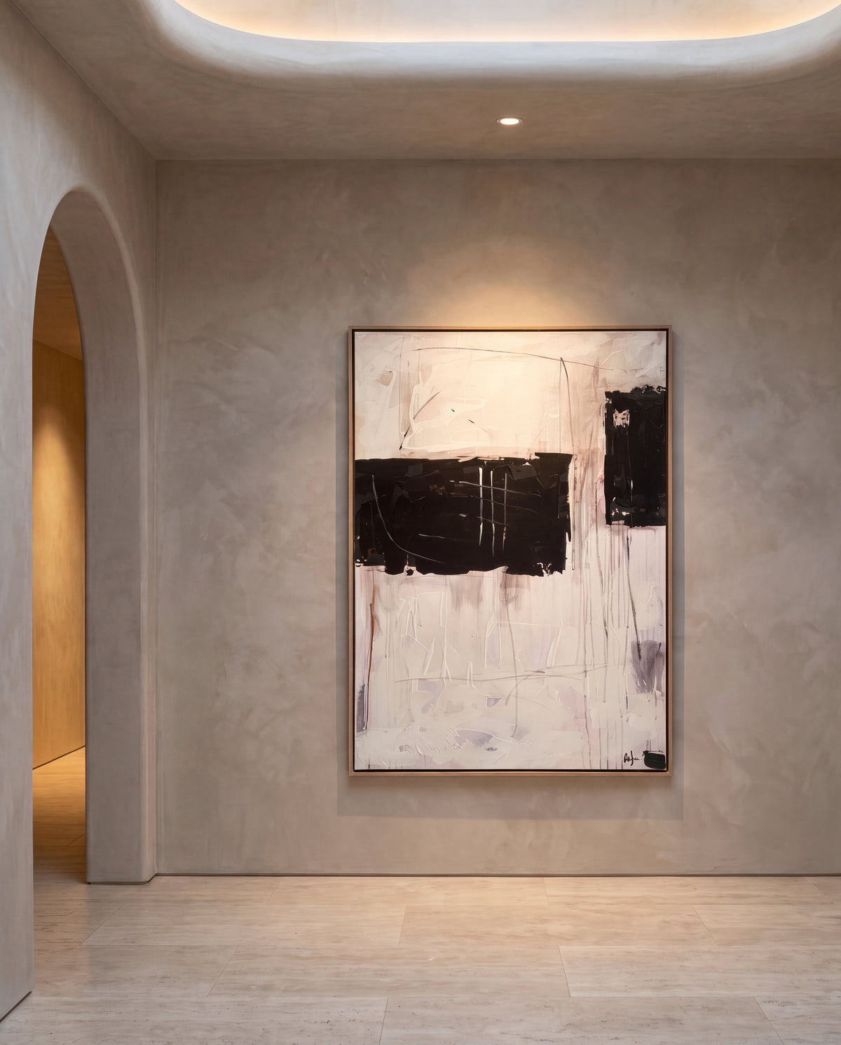 Sartoria 2 canvas artwork in an oak frame on a plaster wall