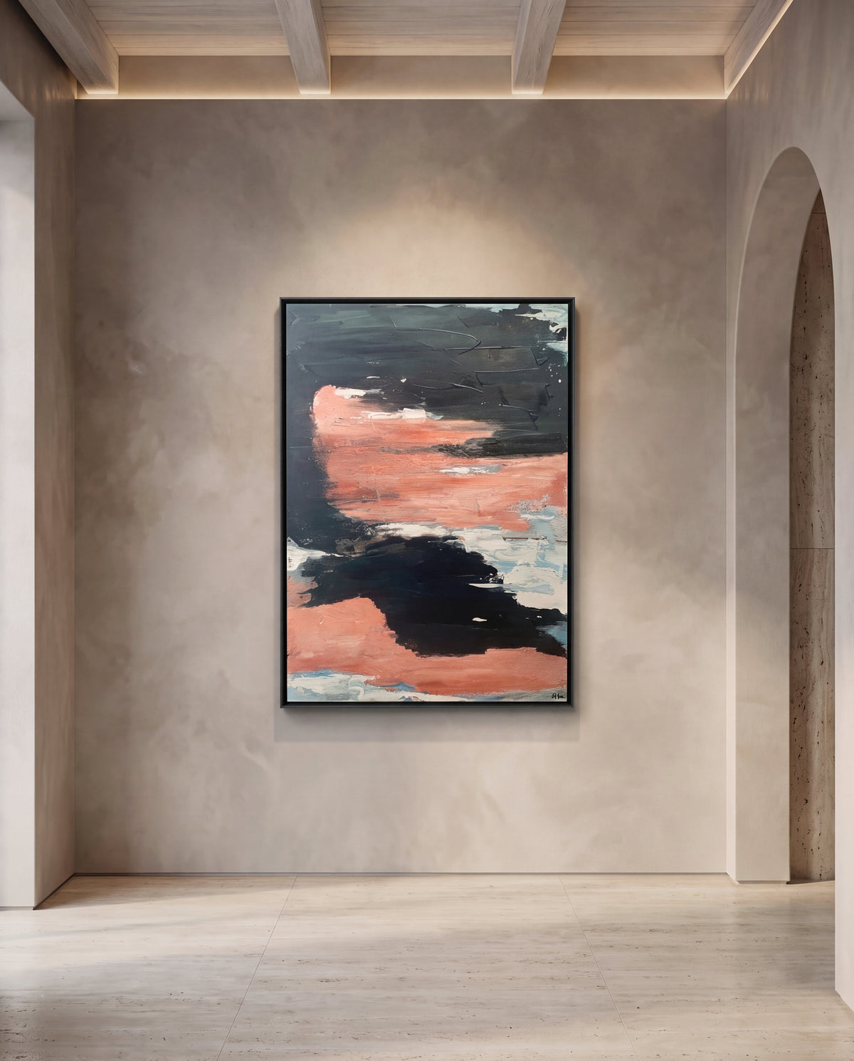 Savelletri canvas artwork in a black frame on a plaster wall