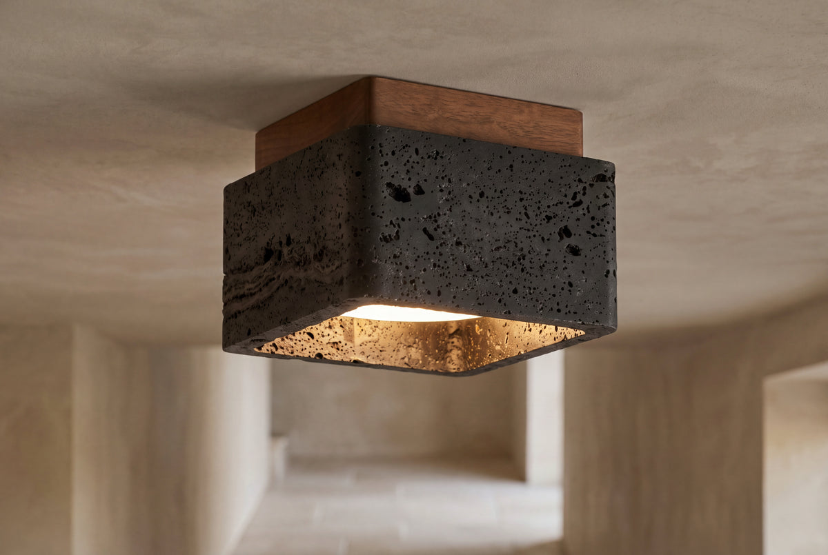 The Scatola Travertine Flush Ceiling Light, lifestyle close-up