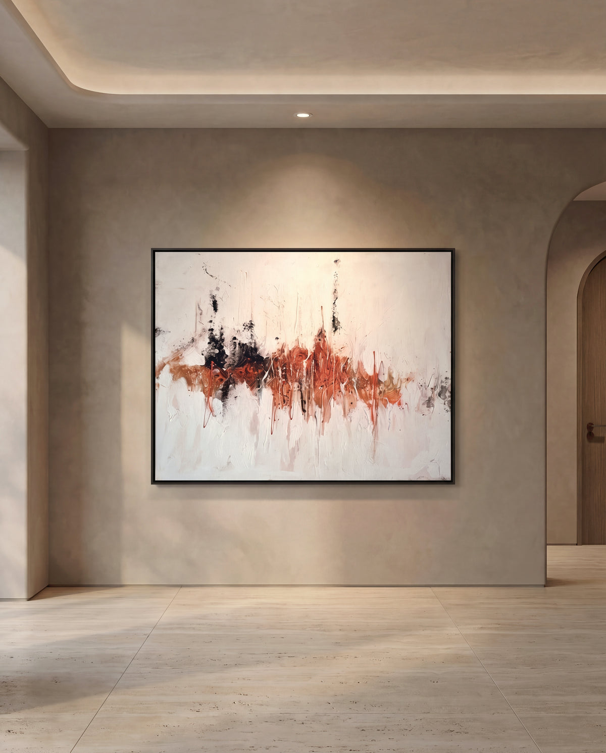 Scorcio canvas artwork in a white frame on a plaster wall