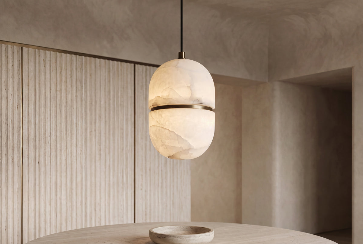 The Seme Alabaster Pendant Light, lifestyle close-up
