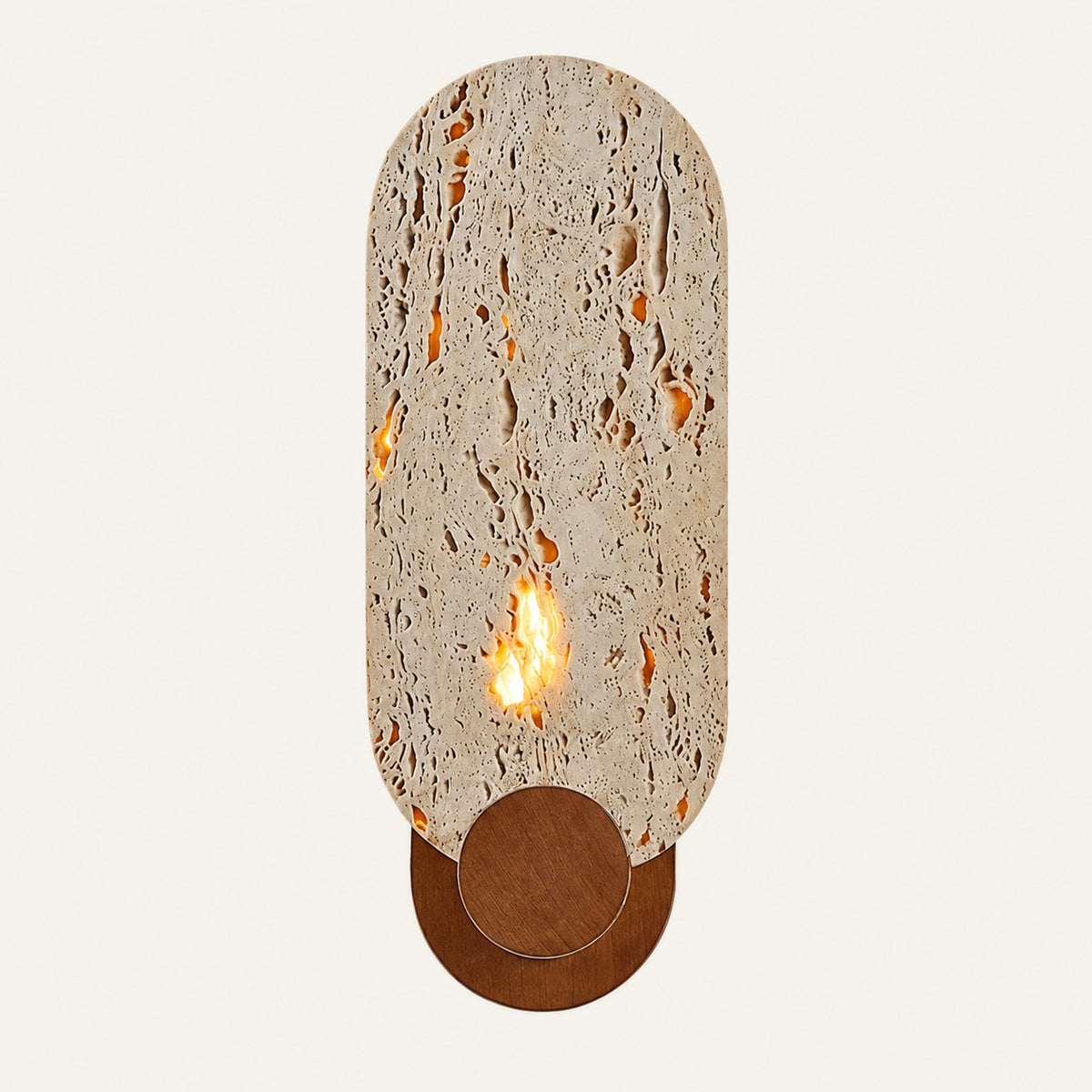 The Sentinella travertine wall light, an upright stone capsule on a walnut base