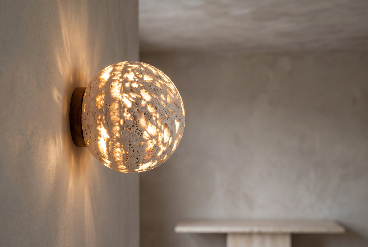 The Sfera Travertine Wall Light, lifestyle close-up