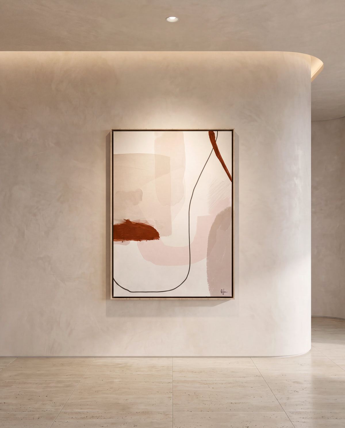 Siena Trace canvas artwork in an oak frame on a plaster wall