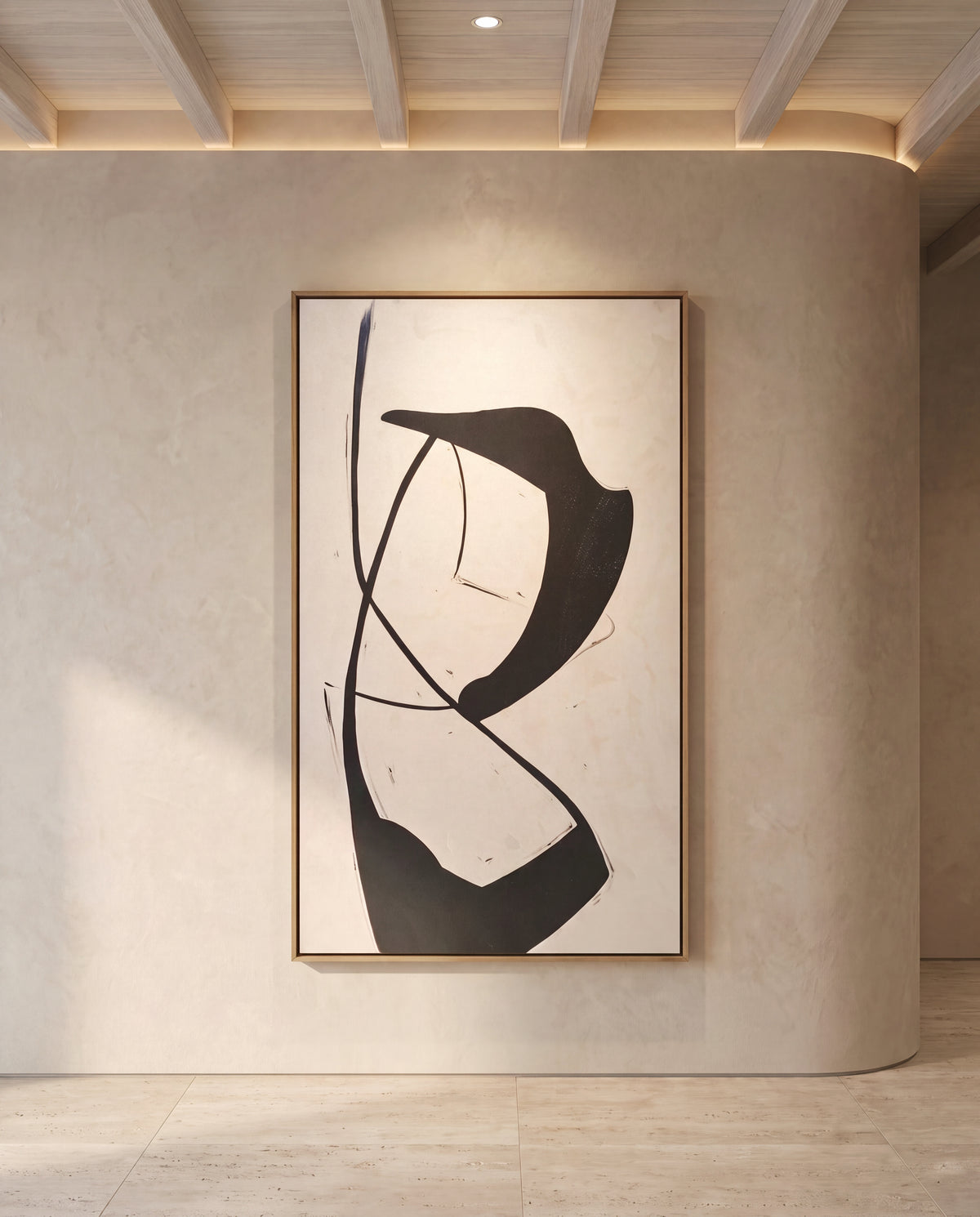 Sovra canvas artwork in an oak frame on a plaster wall