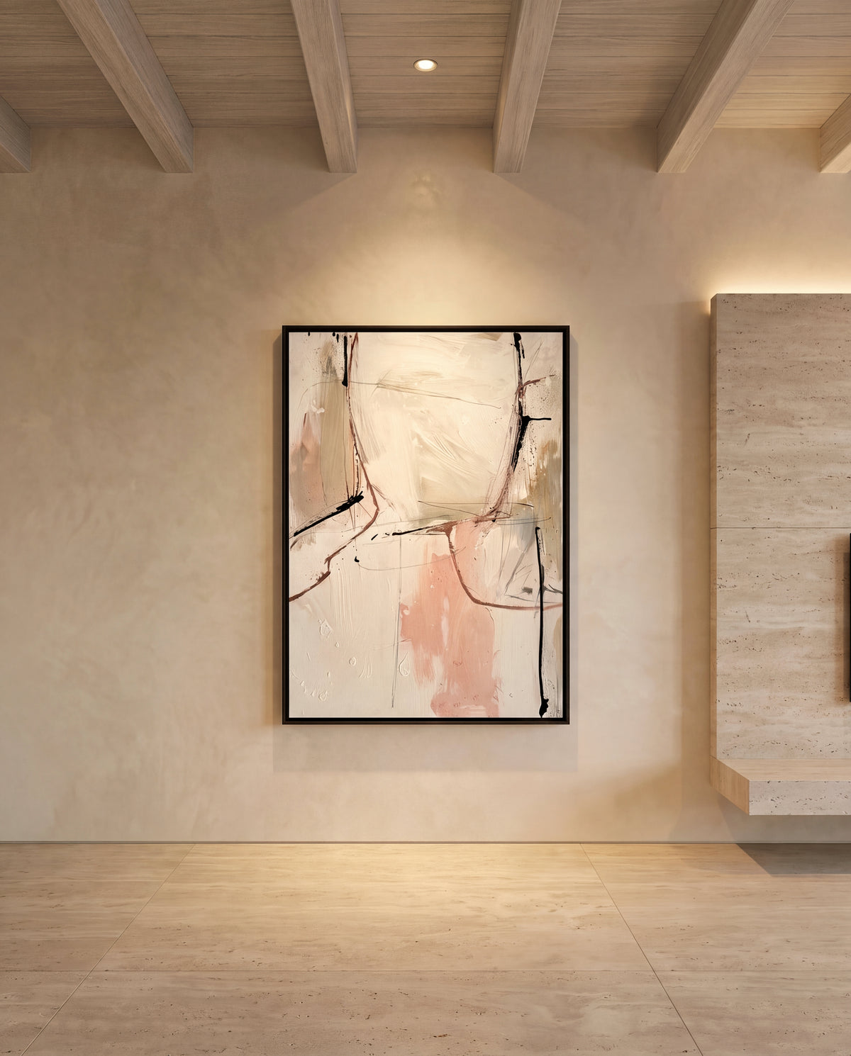 Spalle canvas artwork in a black frame on a plaster wall