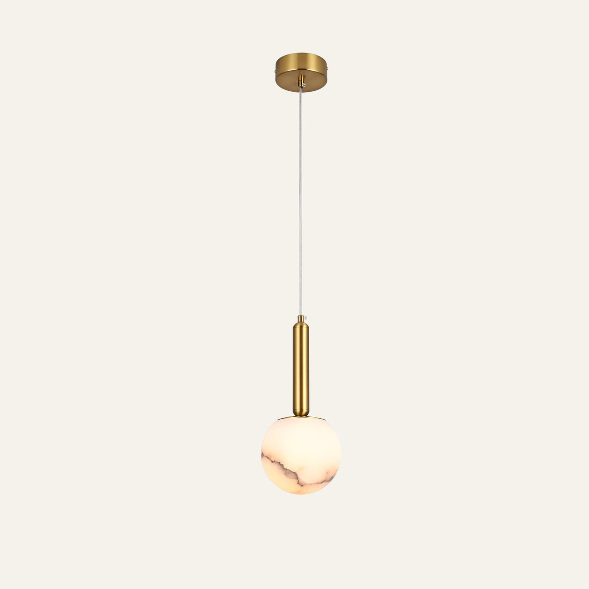 The Stelo alabaster pendant light, Ø10cm in brass, lit