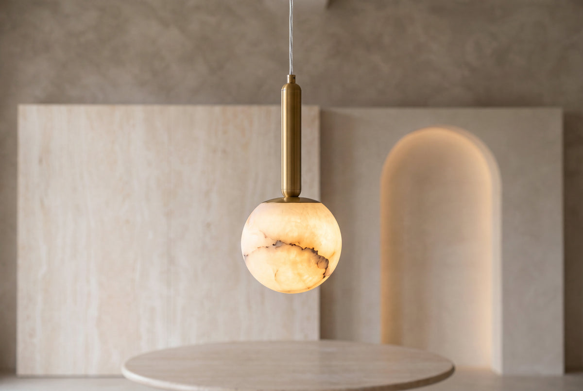 The Stelo Alabaster Pendant Light, lifestyle close-up