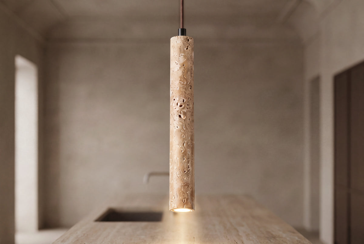 The Stilo Travertine Pendant Light, lifestyle close-up