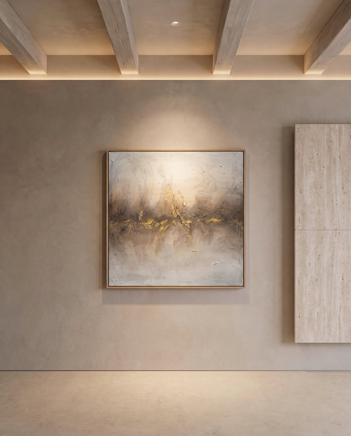 Sungai canvas artwork in an oak frame on a plaster wall