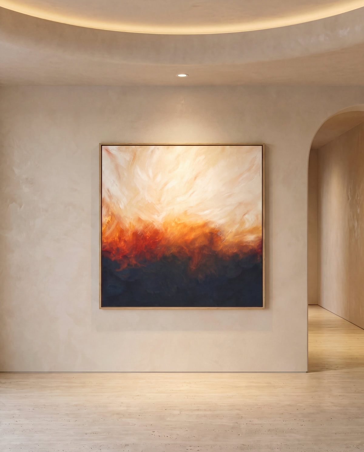 Sunset Sand canvas artwork in an oak frame on a plaster wall