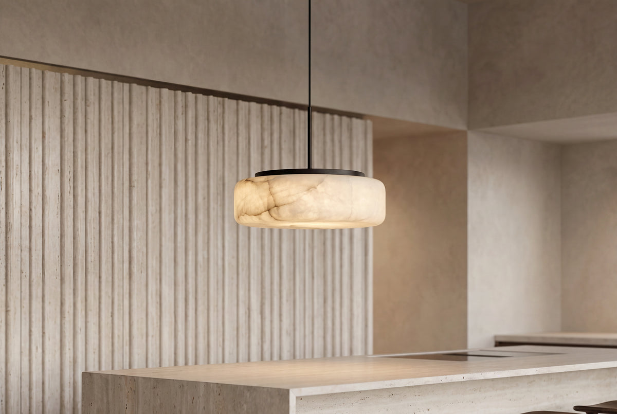 The Tamburo Alabaster Pendant Light, lifestyle close-up