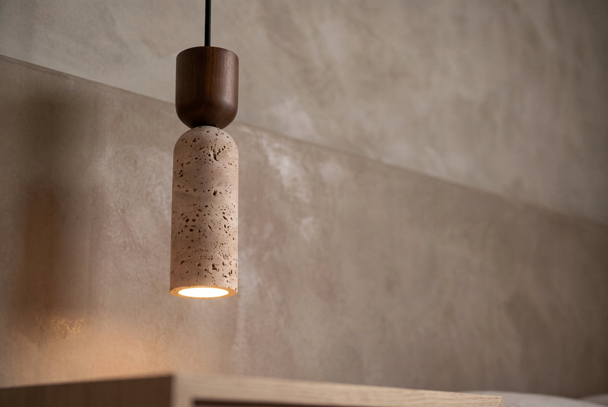 The Tappo Travertine Pendant Light, lifestyle close-up