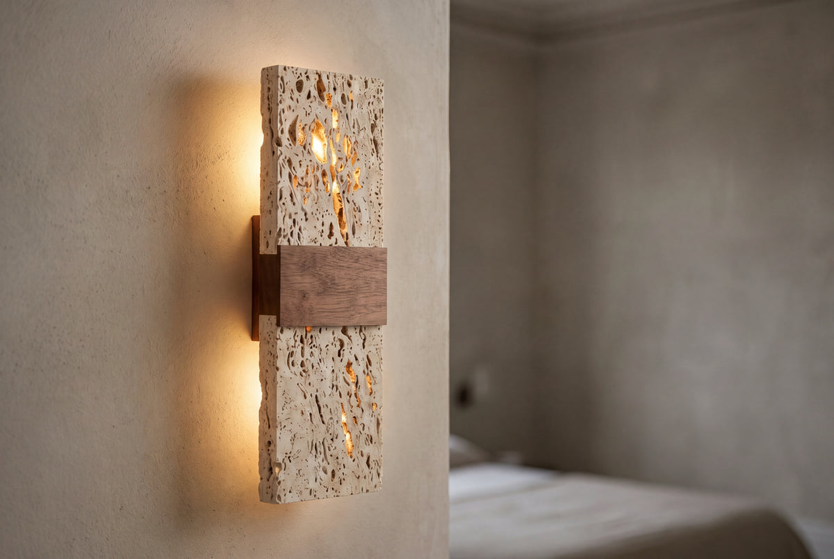 The Tassello Travertine Wall Light, lifestyle close-up