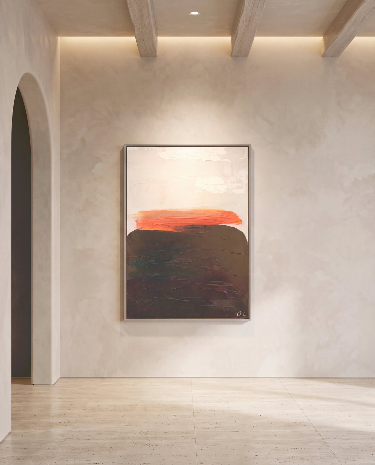 Terradura 2 canvas artwork in a silver frame on a plaster wall