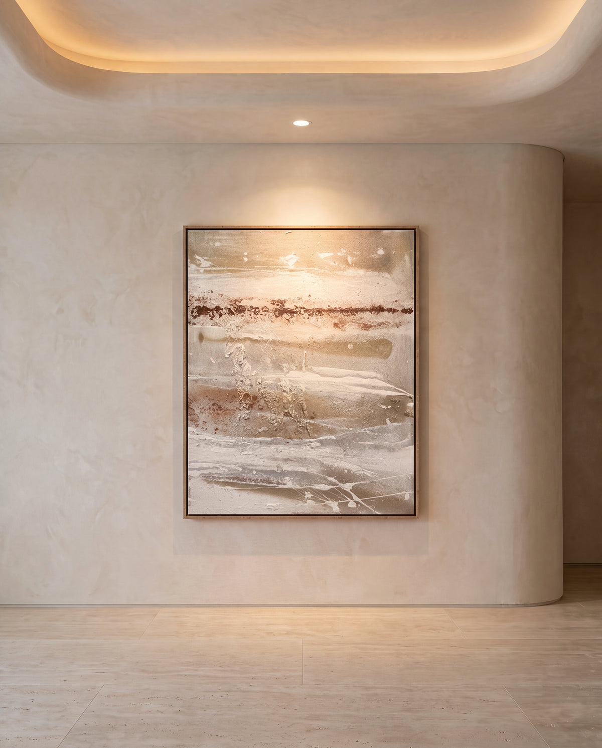 Terrona canvas artwork in an oak frame on a plaster wall