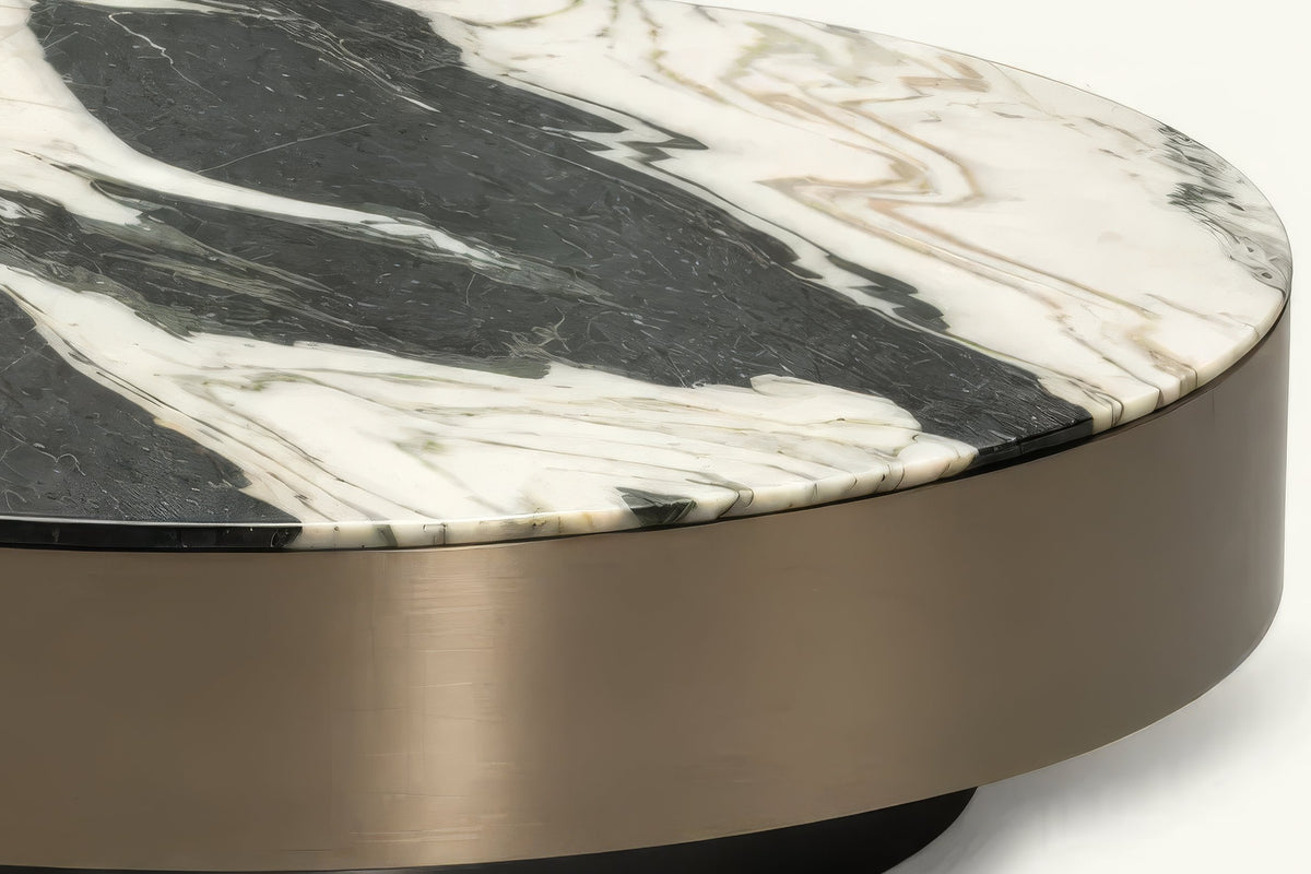 The Aurelio Tables, marble top and bronze band detail