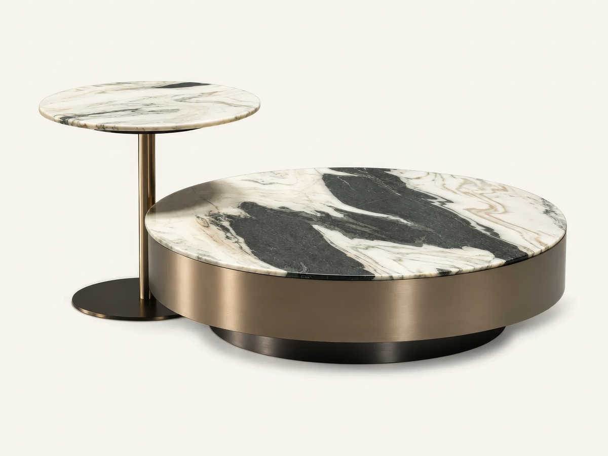 The Aurelio Tables, marble-topped coffee and side tables with bronze bases