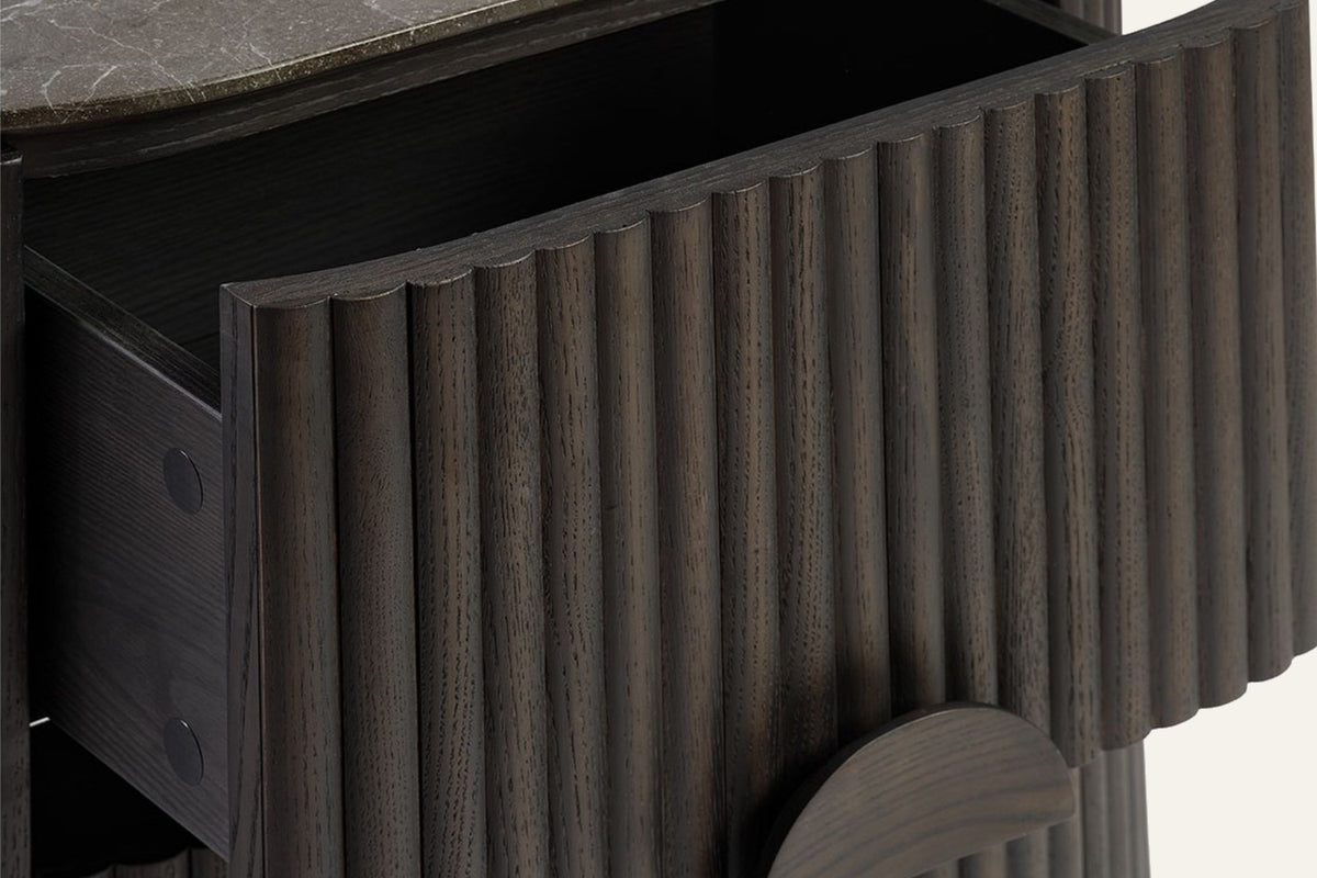 The Bevagna Fluted Marble Bedside Table, drawer detail