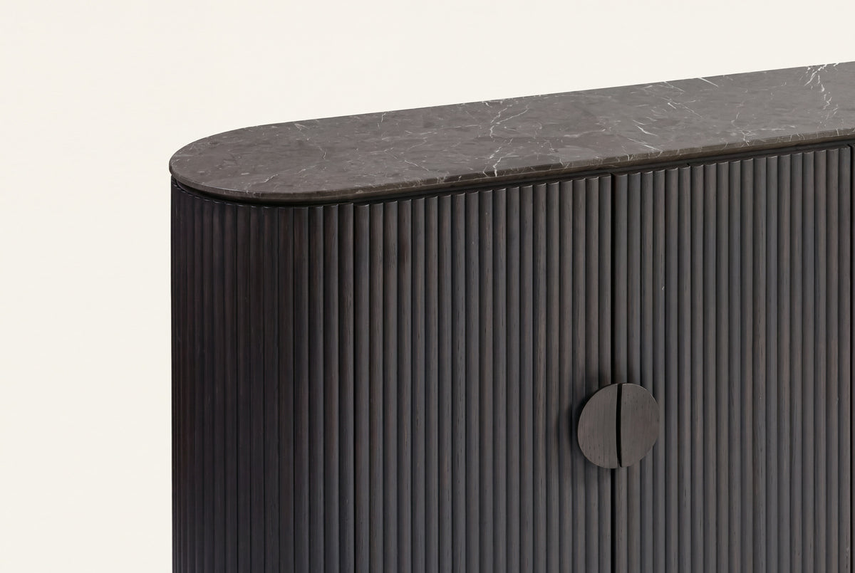 The Bevagna Fluted Marble Sideboard, fluted front, marble top and rounded end detail