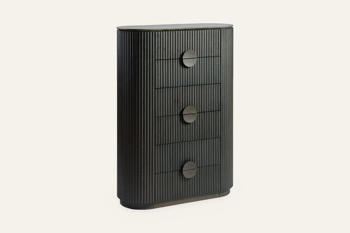 The Bevagna Fluted Marble Tallboy, angled view