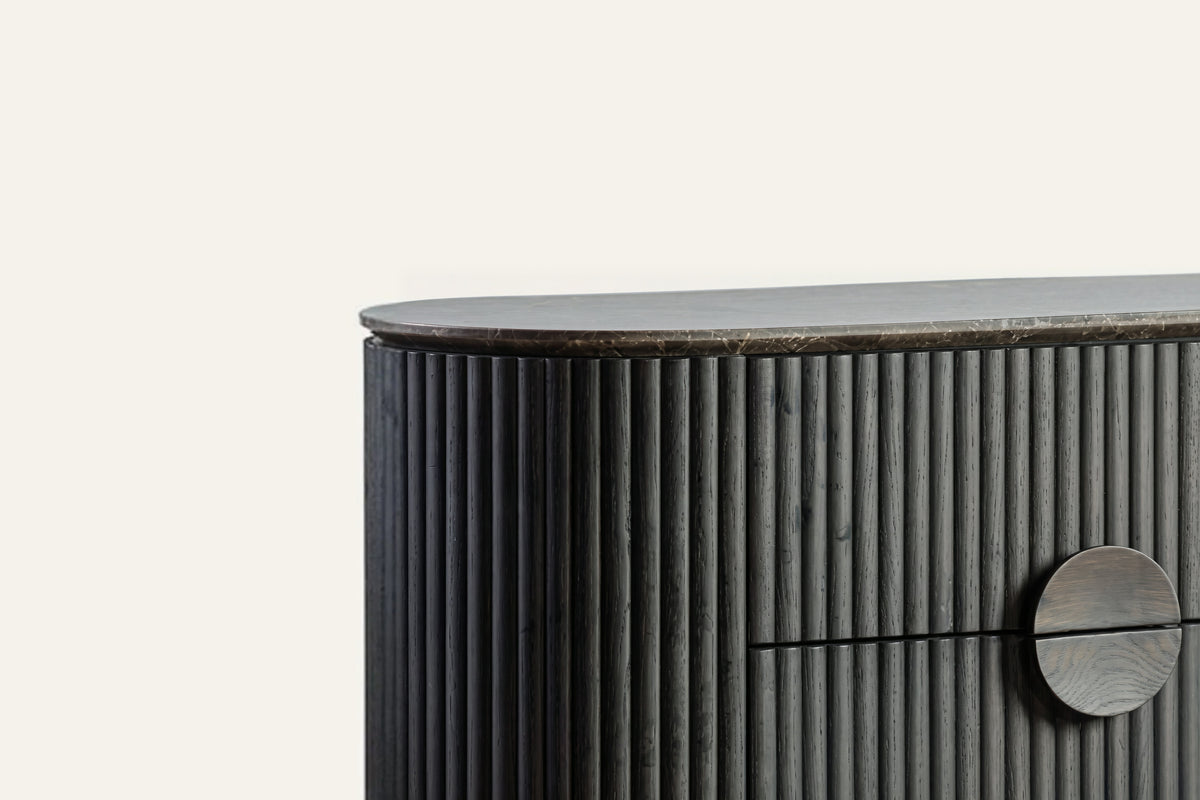 The Bevagna Fluted Marble Tallboy, fluting and marble top detail
