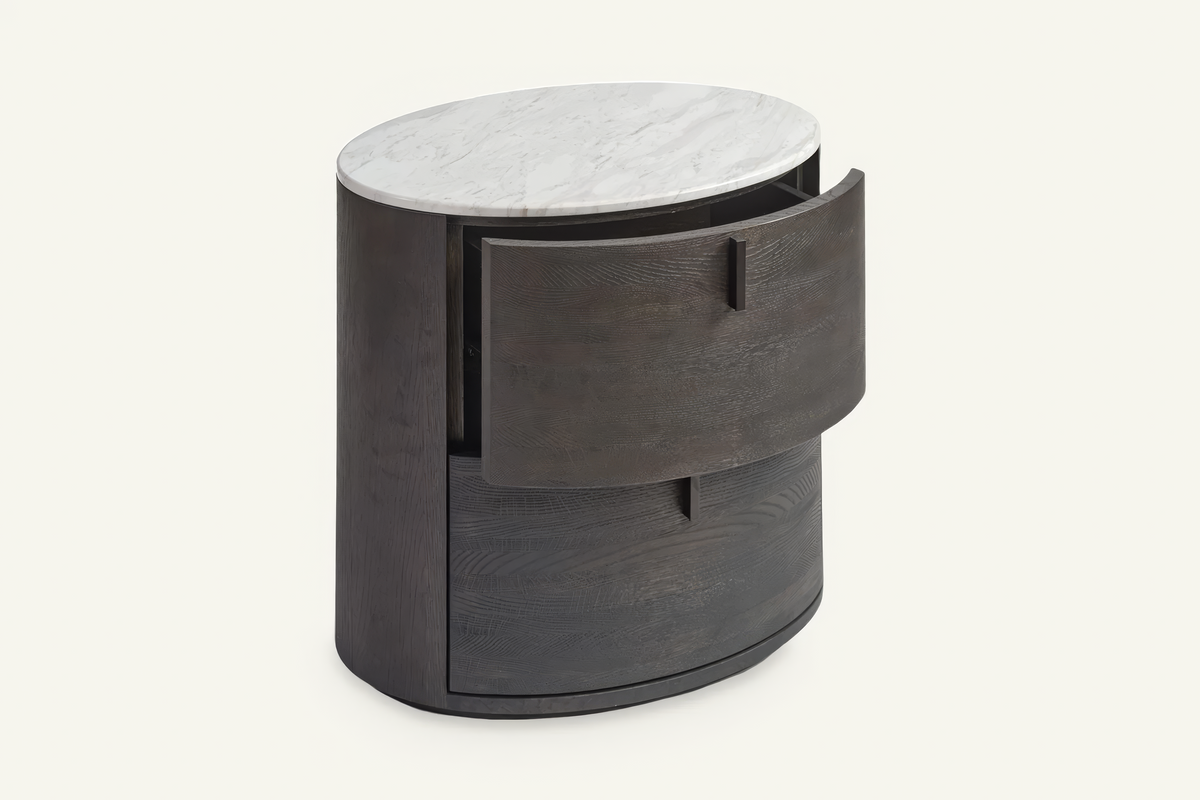 The Bolsena Oval Stone Bedside Table, drawer open