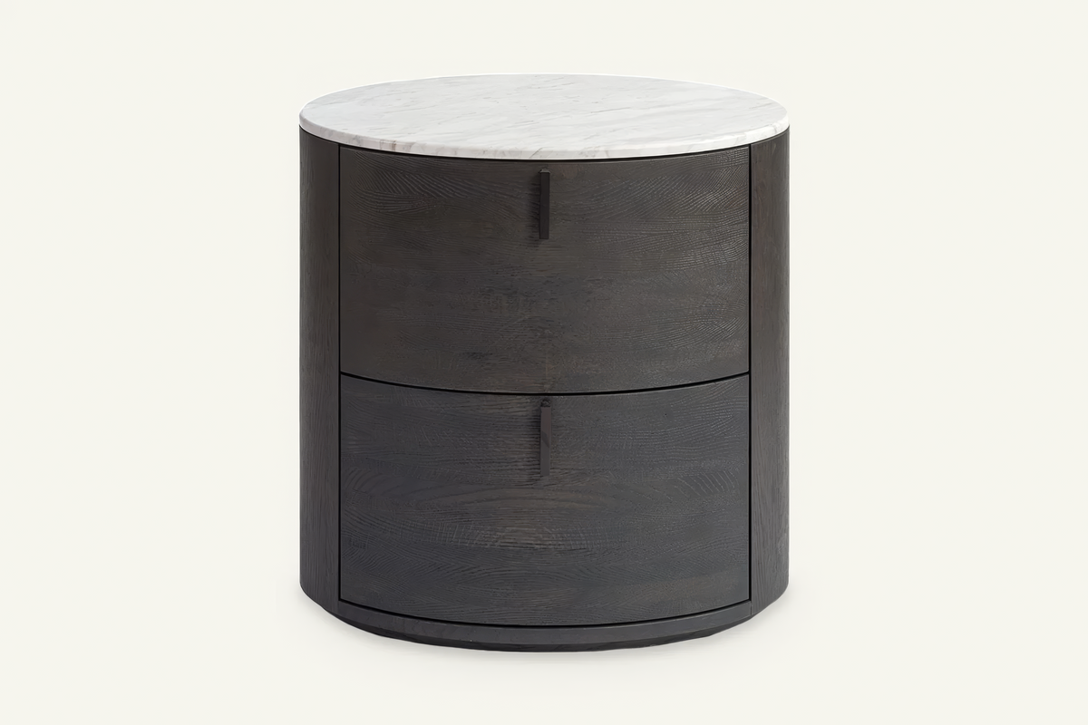 The Bolsena Oval Stone Bedside Table, front view