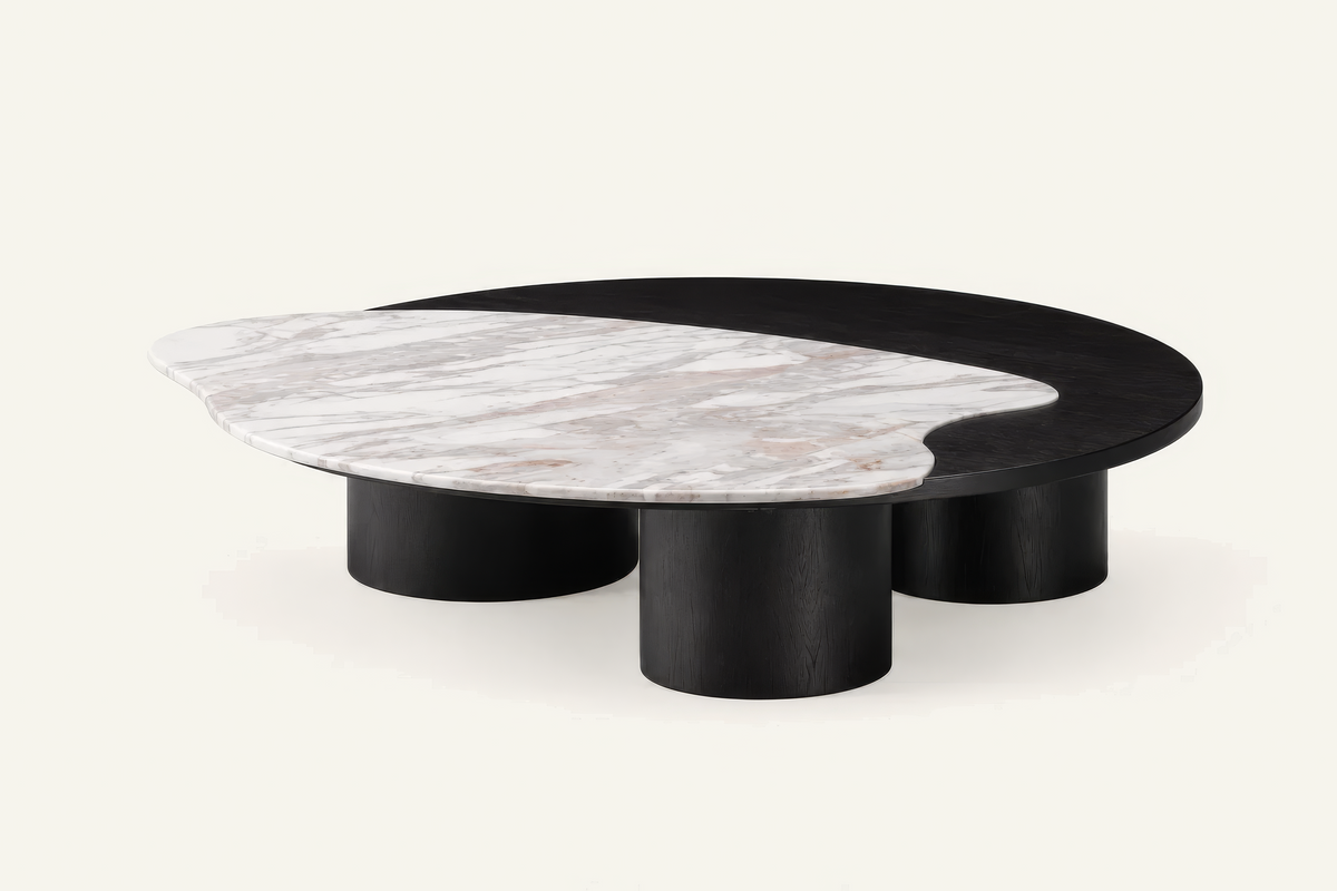 The Caldera Coffee Table, veined stone top and black timber frame detail