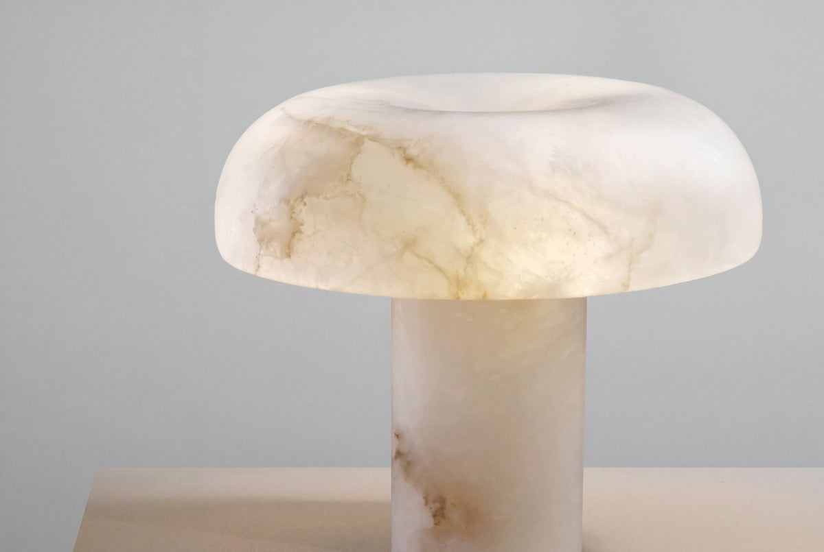 The Calotta Marble Table Lamp, lit