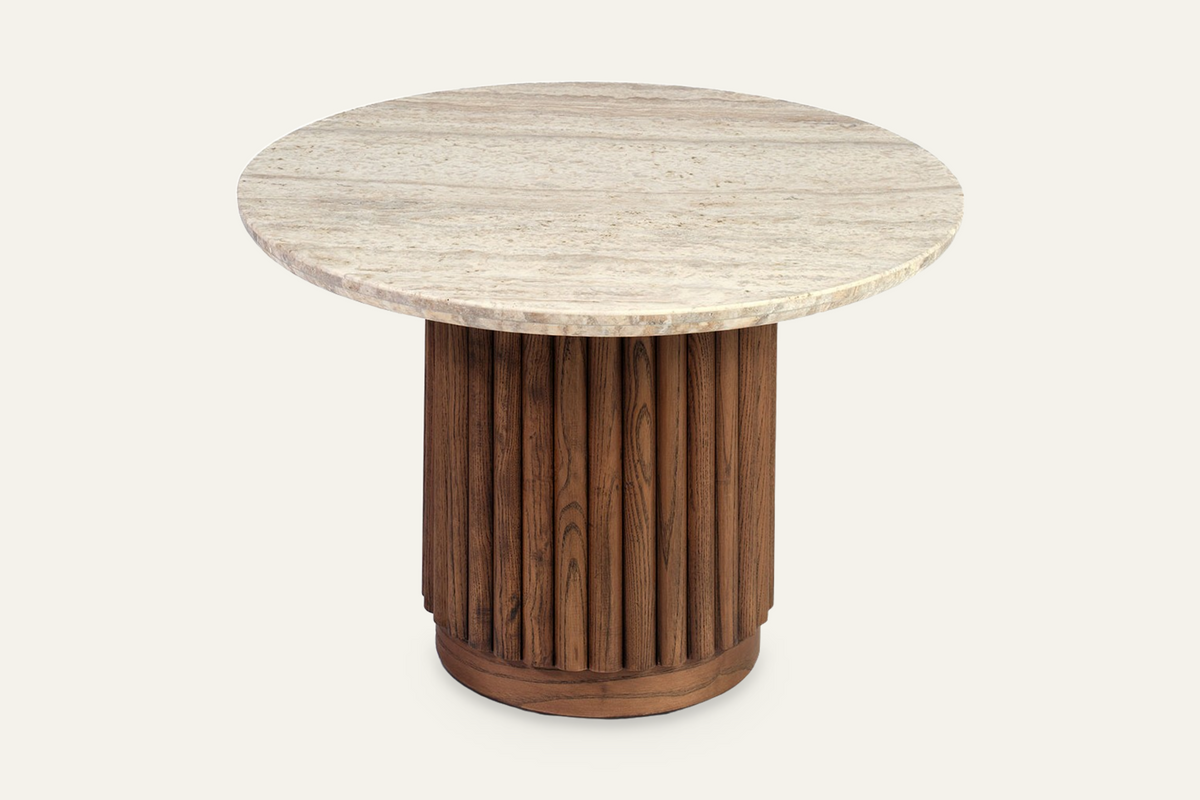 The Chiusi Travertine Side Table, angled view