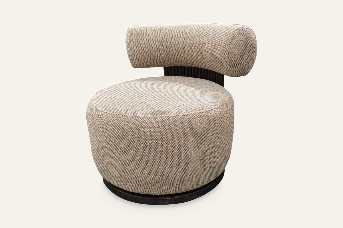 The Cortona Swivel Chair in warm beige textured weave, angled front view