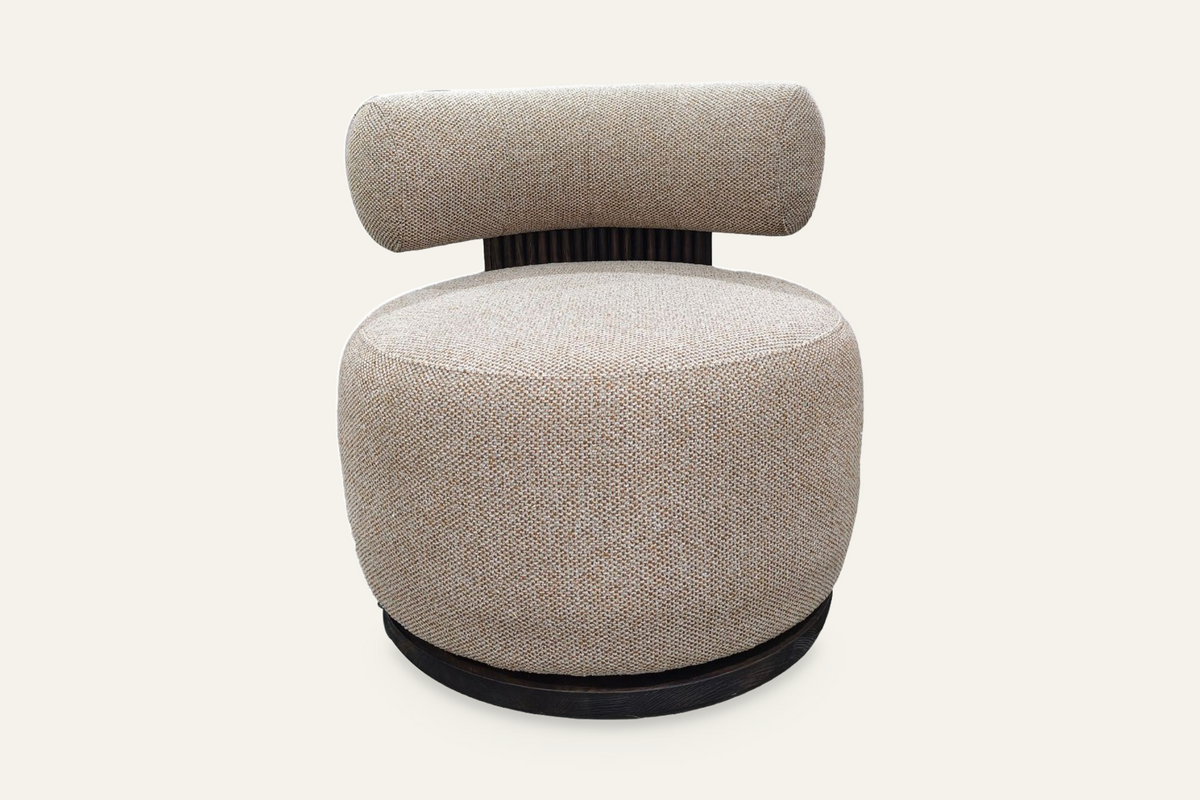 The Cortona Swivel Chair in warm beige textured weave, front view