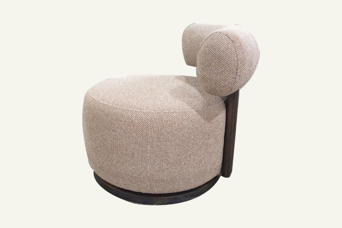 The Cortona Swivel Chair in warm beige textured weave, side view