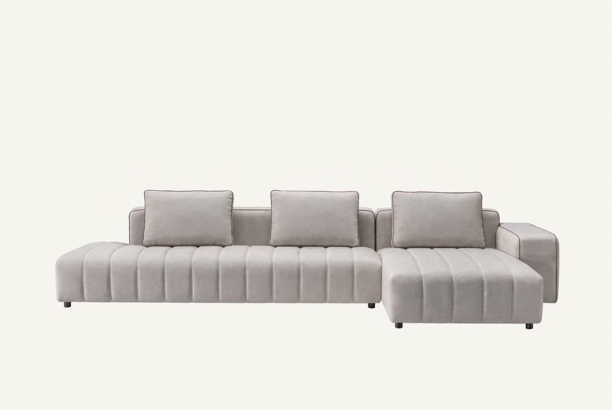 The Lucca Chaise Sofa in oatmeal textured weave with contrast piping, front view