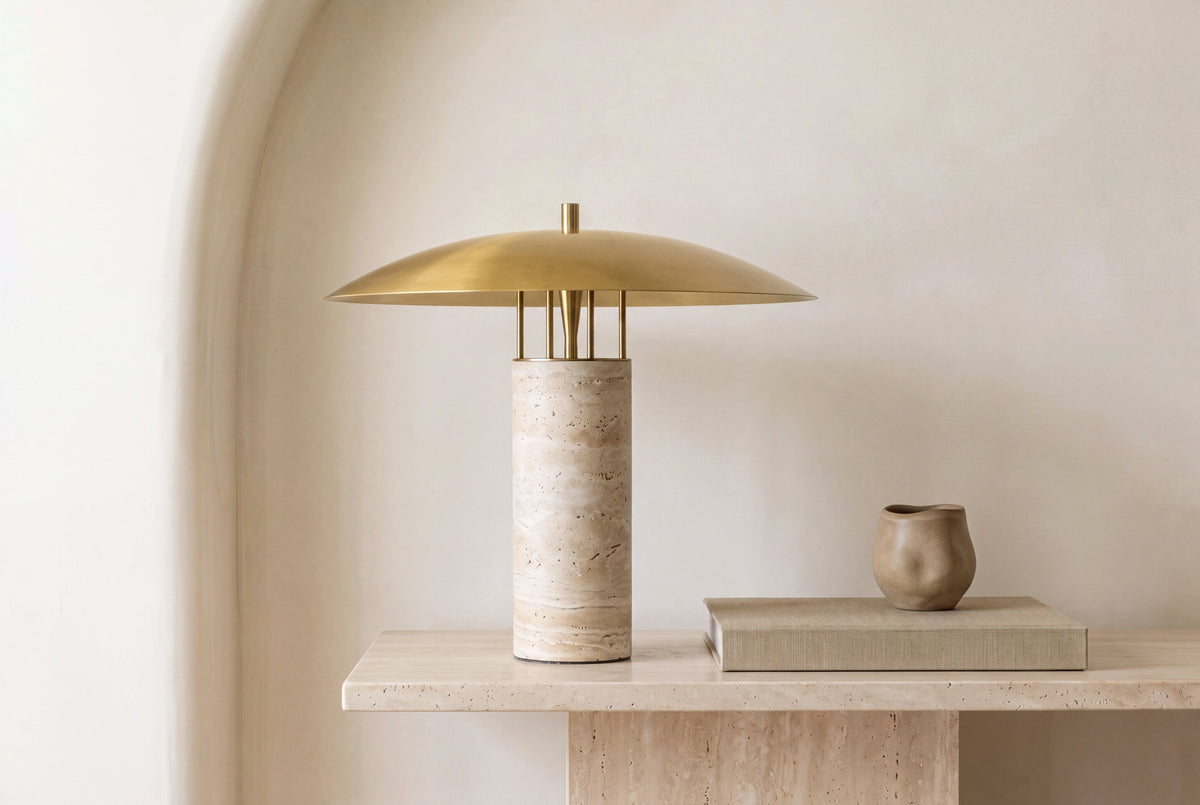 The Ombrello Travertine Table Lamp in a room setting