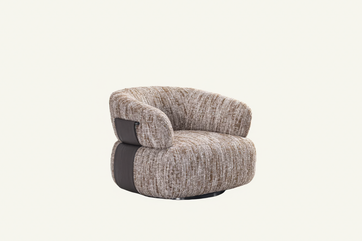 The Orvieto Swivel Chair in textured fabric, angled view