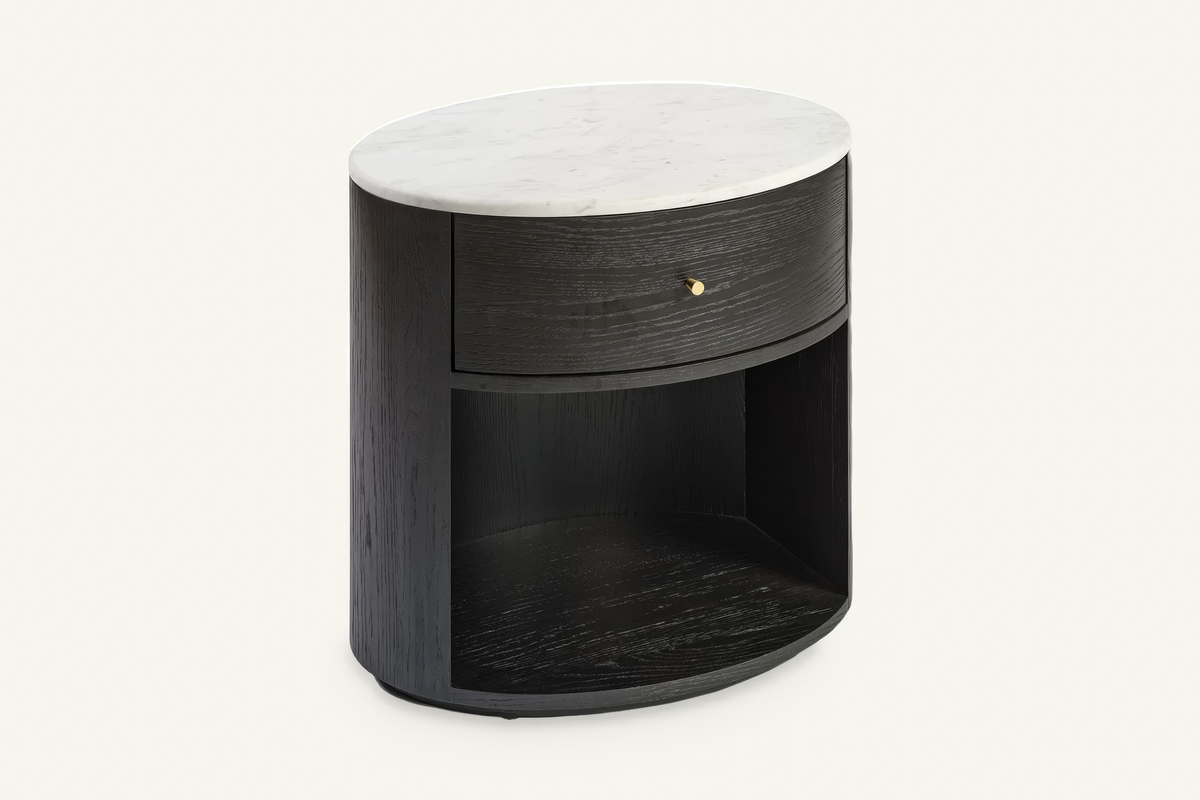 The Ostuni Black Oak and Stone Bedside Table, angled view