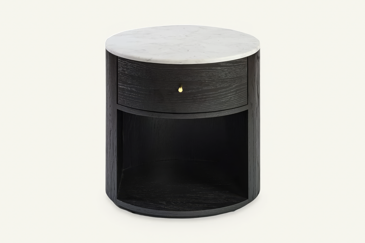 The Ostuni Black Oak and Stone Bedside Table, front view