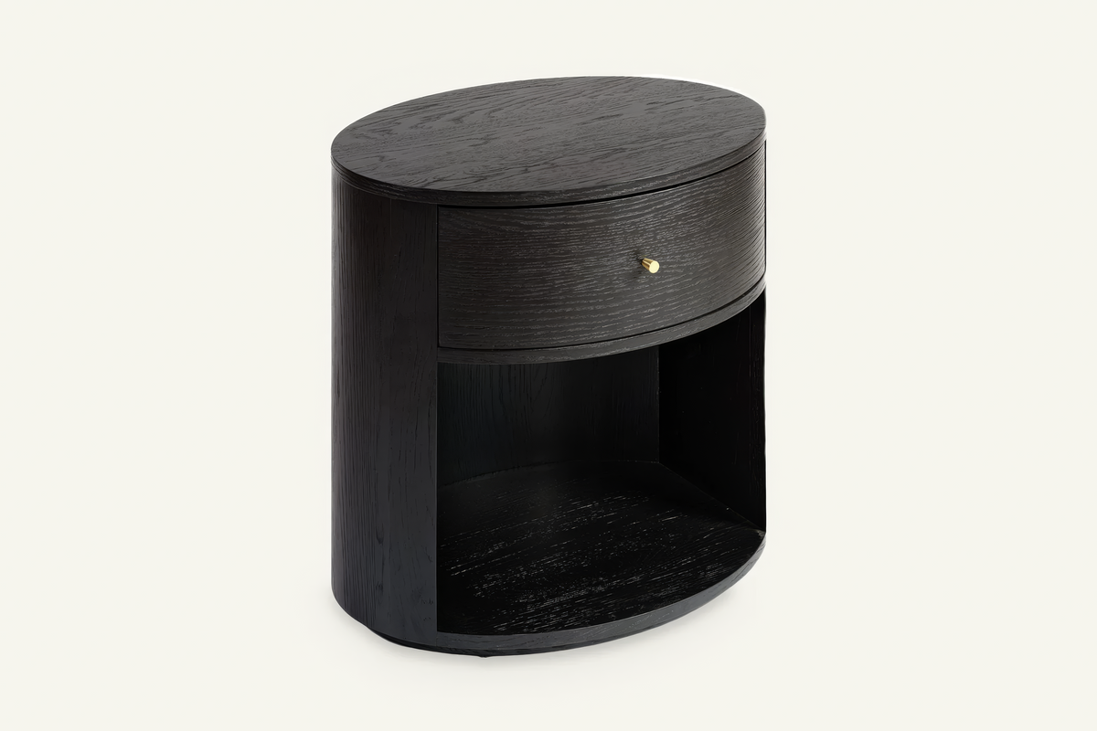 The Ostuni Black Oak Bedside Table, angled view