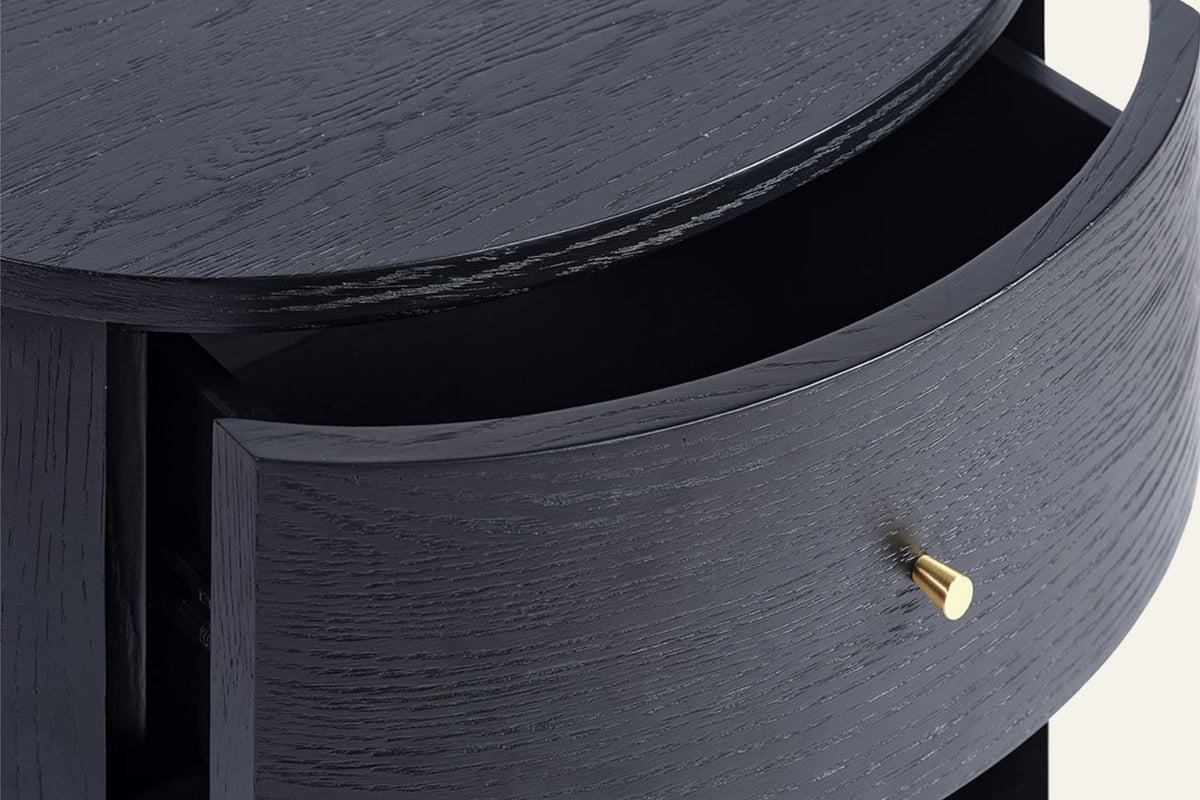 The Ostuni Black Oak Bedside Table, detail