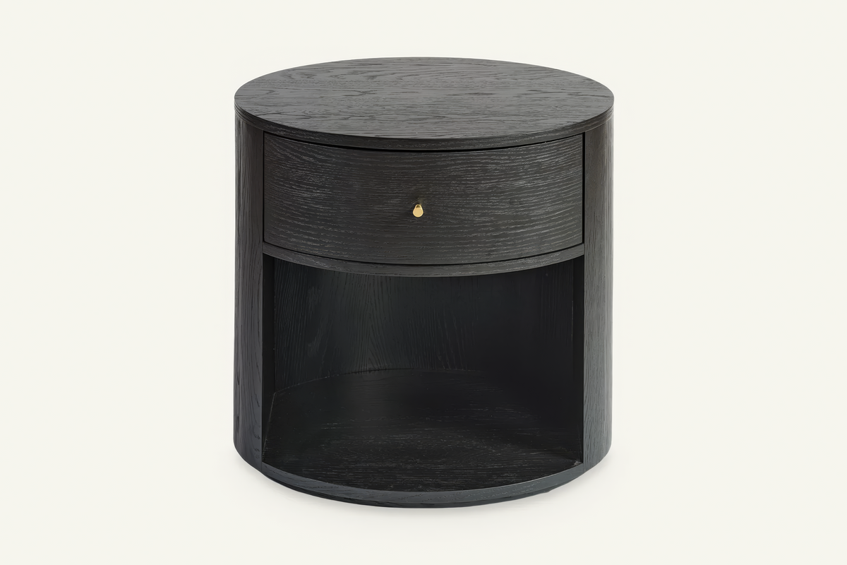 The Ostuni Black Oak Bedside Table, front view