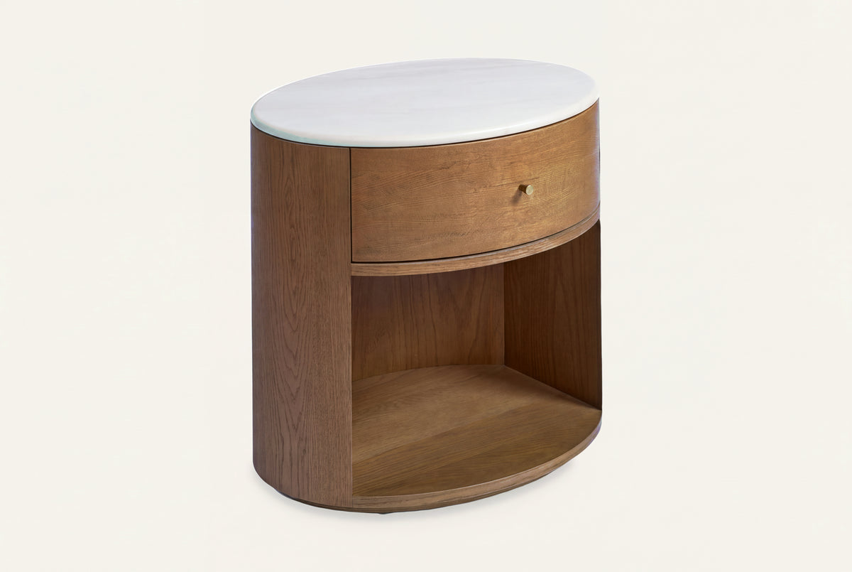 The Ostuni Oak and Stone Bedside Table, angled view