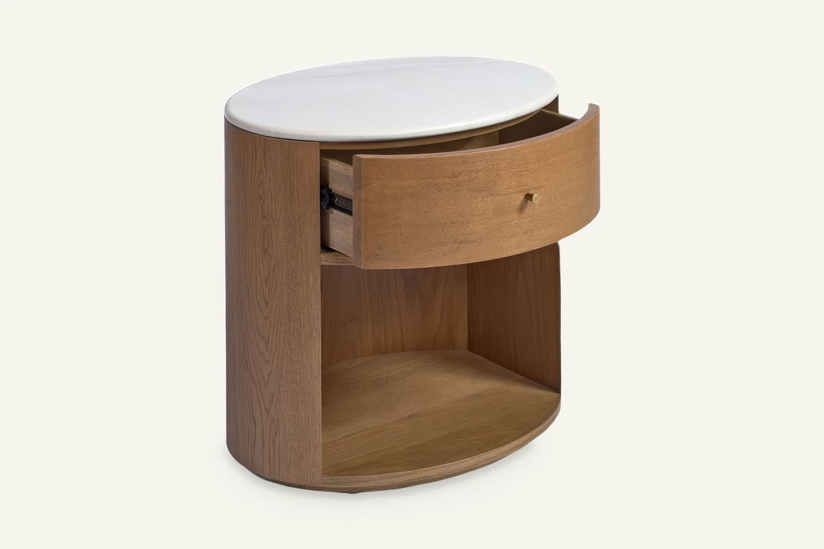 The Ostuni Oak and Stone Bedside Table, drawer open